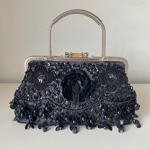 Sequins Black Satin Evening Clutch